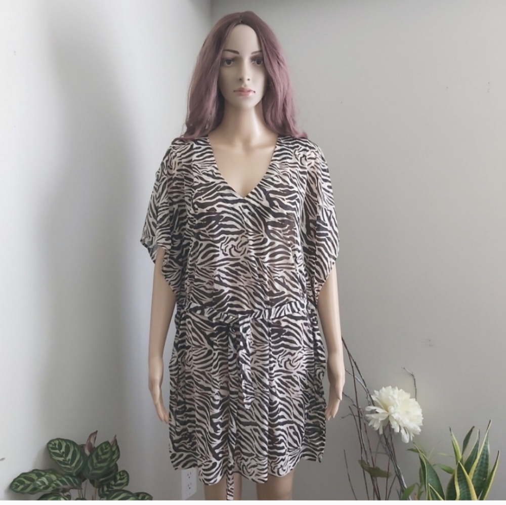H&M beach cover Small black tan sheer dress zebra print